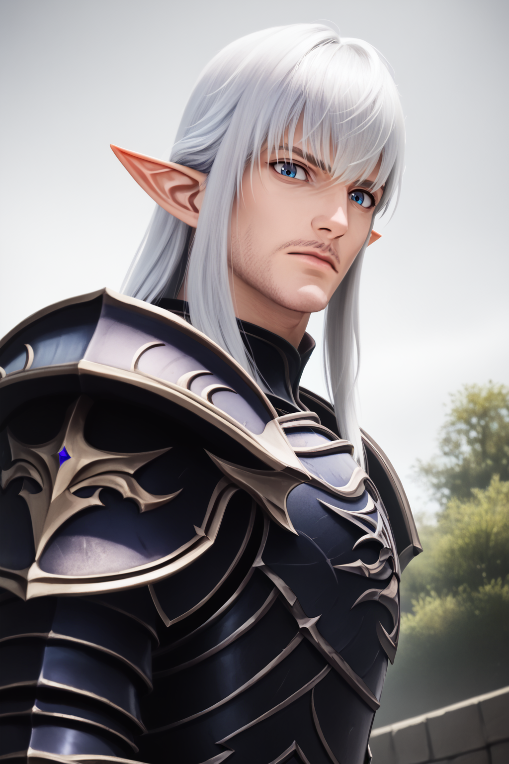 dwntrilffxivpdxl, face focus, solo, looking at viewer, Estinien Varlineau, long hair, bangs, 1boy, closed mouth, upper body, white hair, male focus, outdoors, pointy ears, armor, looking down, from below, elf, shoulder armor, pauldrons, breastplate, elezen, elezen, masterpiece, official art, best quality, cinematic angle, dreamlike, photorealistic, cinematic lighting, HD, high details, dramatic, trending on artstation, full body, head shot, film still, stunning photography. award coached, anatomically correct, hyper realistic, super detailed, 4k uhd image, canon eos r3, PonyXLV6_Scores, <lora:FFXIV-DAWNTRAILPDXL:1>