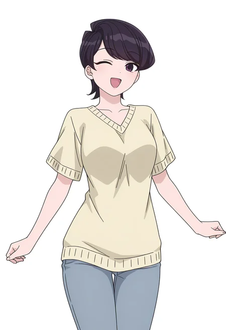 Smooth Quality,masterpiece,very intricate, high quality details, ultra realistic, high detailed skin,detailed enviorement,
simple background, white background,front view,;d,
harem pants, ,oversized sweater, ,unitard, , <lora:Komi_Shuuko_cnn:0.8> komishuukocnn, 1girl,black hair, short hair, bangs, purple eyes,mature female,shirt, jeans, short sleeves,