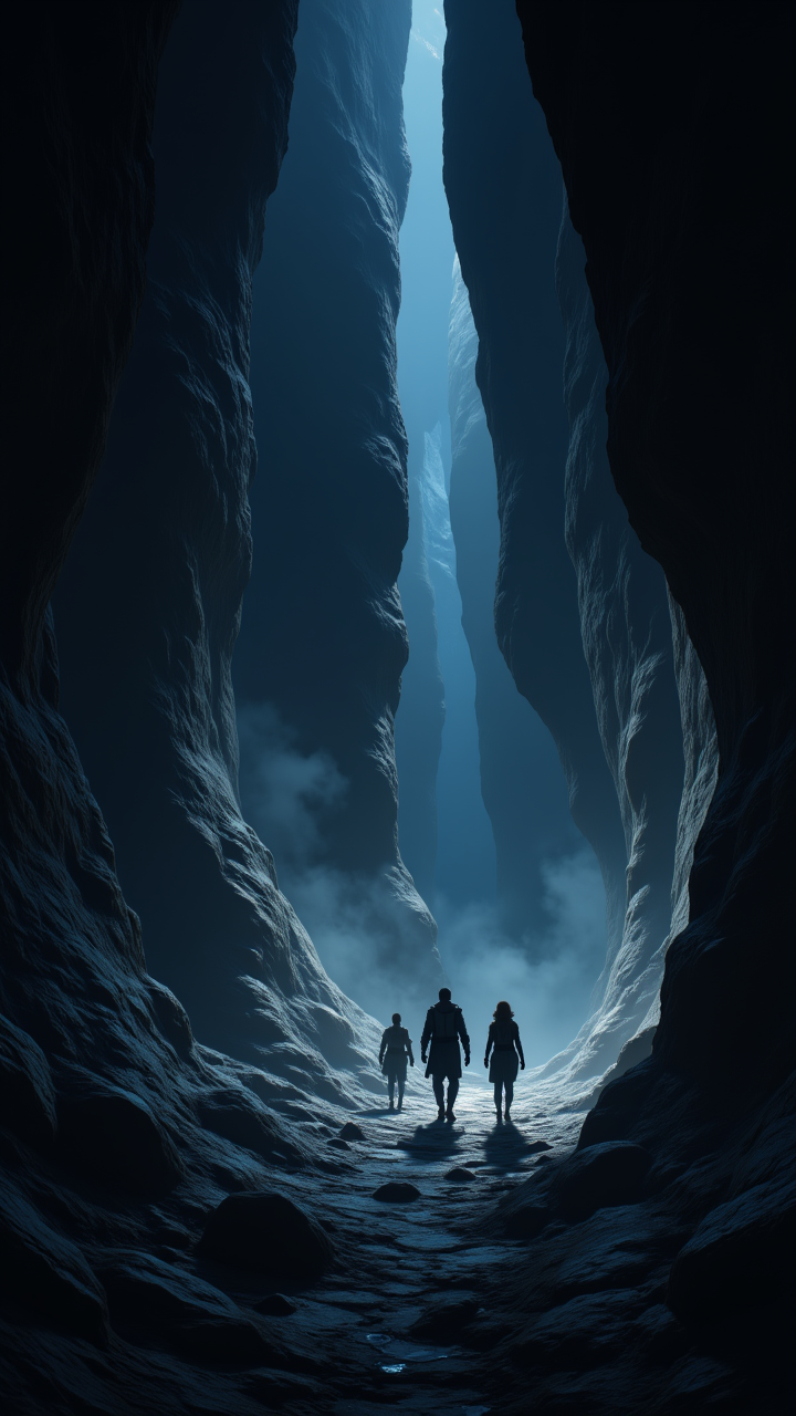 Cinematic still, Anime, Xerography of a In the depths of space, a group of adventurers march through the darkness, their footsteps echoing across the ground. The scene is set in an alternate dimension, Relaxed, aidmaMJ6.1, aidmaimageupgrader