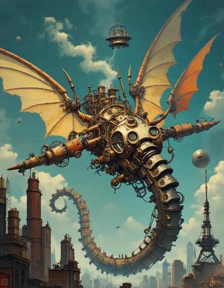 score_9, score_8_up, score_7_up, score_6_up, 2d, steampunk-inspired mechanical dragon soaring over a vintage, industrial cityscape. Its wings are made of intricate gears and metal plates, while steam billows from its nostrils as it flies through the smoke-filled sky, highly detailed <lora:ponys-dream:.9>