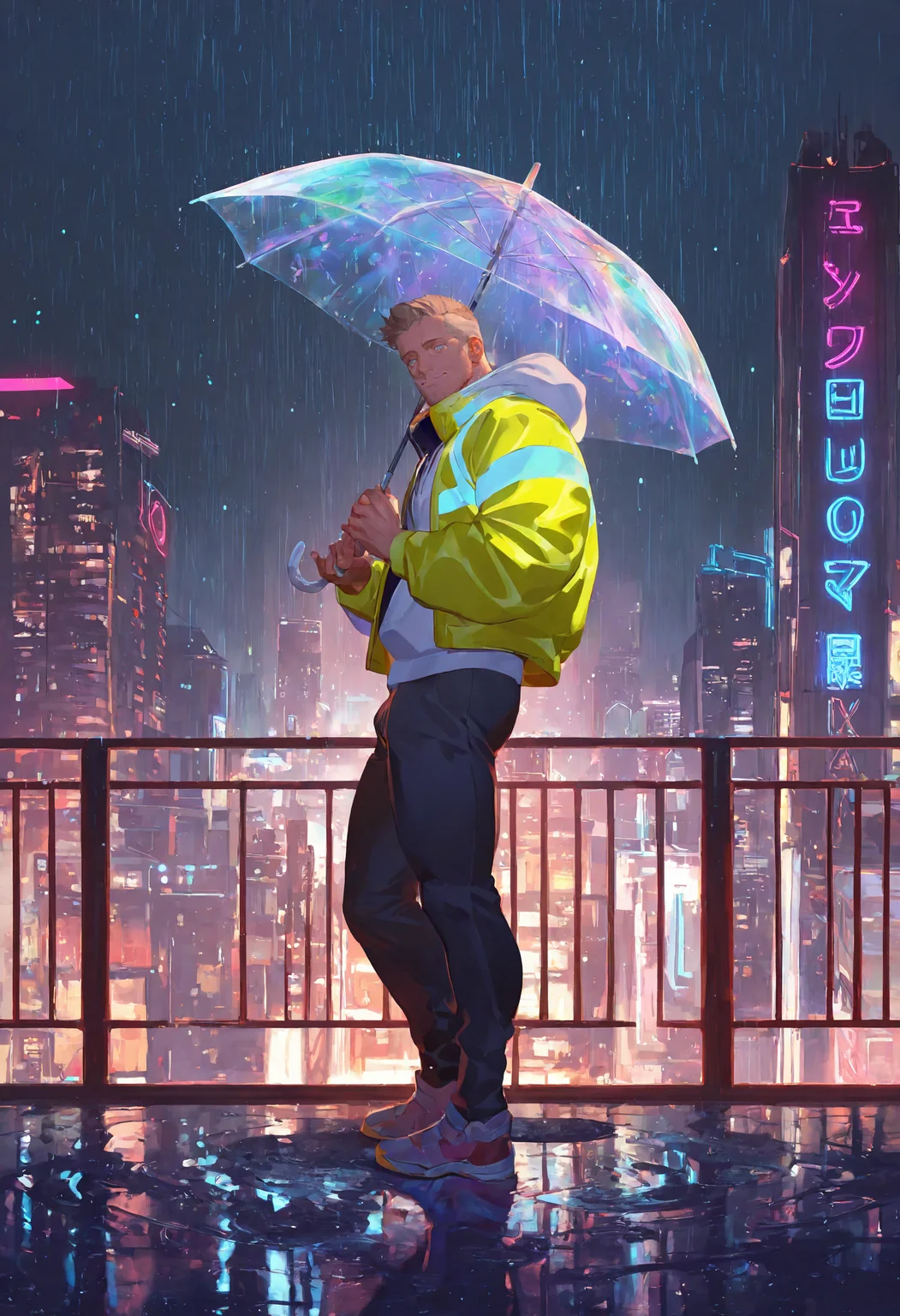 1boy, male focus, bara, muscular, blue eyes, light brown hair, mature male, stubble, white hoodie, hood down, yellow cyberpunk jacket, black pants, cyberpunk night city, neon signs, fantasy, scifi, futuristic cityscape, raining, holding transparent umbrella, side view, dynamic, neon lighting, urban, backlighting, railing, rooftop, buildings, skyscrapers, colorful theme, vibrant, cinematic, chiaroscuro, puddle, reflection, light particles, light flare, looking at viewer, smile, very awa, masterpiece, best quality, absurdres, newest, perfect quality, detailed background, intricate details, (artist:rei \(sanbonzakura\):0.8), (artist:takahiroshi:0.7), (artist:neilos:0.6), (artist:fl \(l-fl\):0.5)