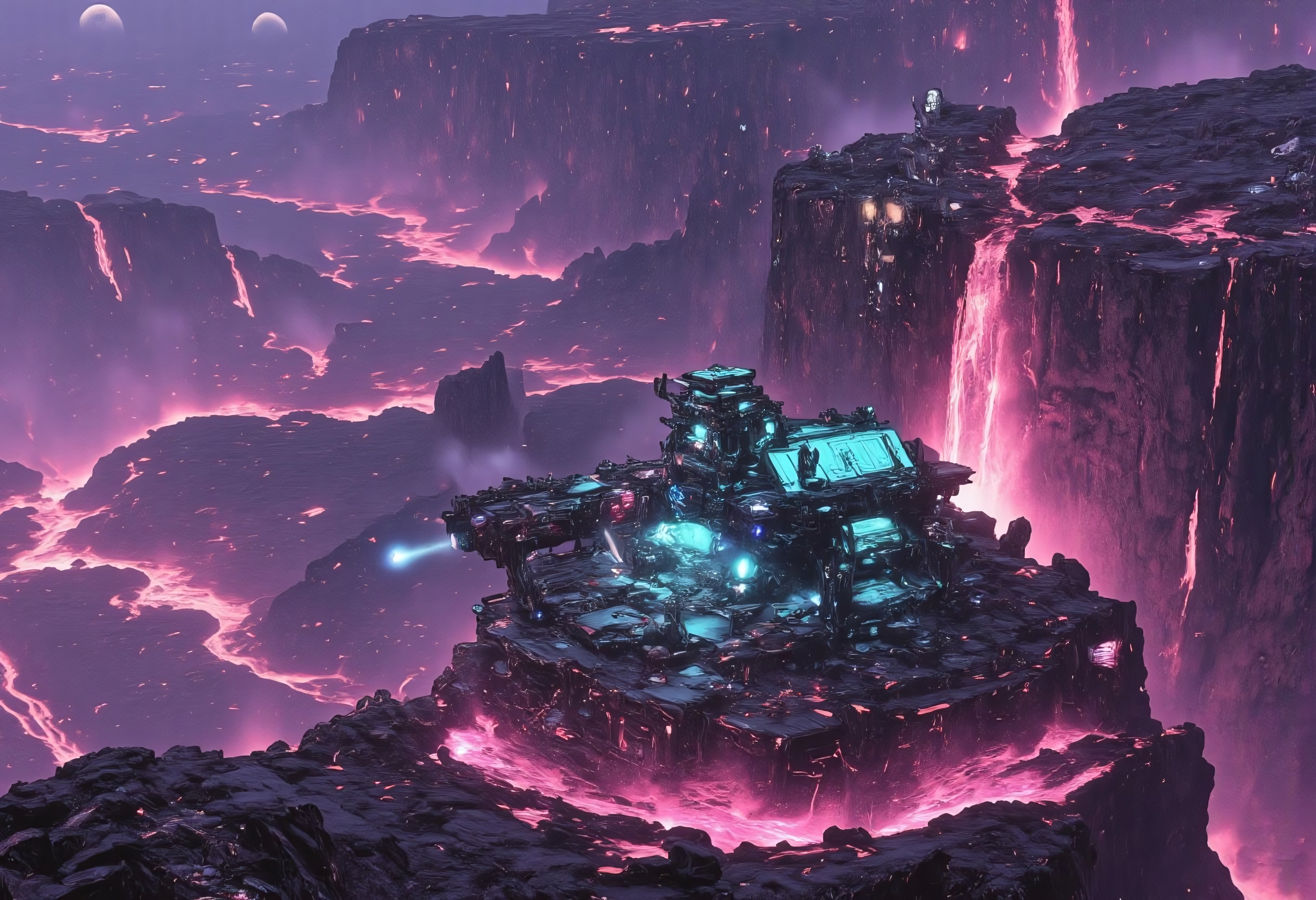 OBxiaoxiang, CAICO, inksketch purple and gray theme, Abstract digital painting in the style of ck-js, detailed photorealistic image, a sci-fi Miningstation of colossal buildings and towers in a barren lavender lush landscape, looking like an Mining Outpost perched at the Cliff, of a volcanic cliff, its sleek towers a stark contrast to the cliffs surrounding it. The planet’s sun casts a vivid, cyan surreal light across the station, while deep fissures reveal glowing rivers of molten pink lava far below. The sky is a surreal shade of black and purple, dark glowing diodes and lights ((dark glowing diodes, lights and neon signs), Firestorm Inc. written on the neon signs), attached to the building is a landing field with 3  Spaceships landed on it, Dragonkin like creatures are around fixing some spaceships, two moons hanging low in the horizon, each reflecting light off the surface, large depth of field. The sky is a dark pink, with 2 broken moons hanging low in the horizon <lora:more_details>
realistic, detailed background, shaded, detailed, hi res, realistic, photography \(artwork\), (by kenket), by ross tran, by michael & inessa garmash, by pino daeni, by isvoc, by kiguri, by alena aenami, by ruan jia, (by zenthetiger, by wolfy-nail), by Enki Bilal, by drmax, photorealism, <lora:add_detail:1.3