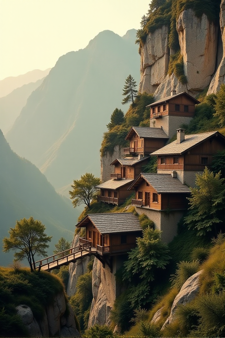 (((a village built into the side of a mountain, with wooden bridges connecting various parts of the town.))), Soft Beige, Cozy Comfort: warm lighting, beige tones, soft focus, cozy ambiance, comforting elements, gentle textures, tranquil look, cozy atmosphere, comforting aesthetics, capturing emotions, serene scenes, artistic feel, storytelling through textures, professional technique, gentle light manipulation, cozy concept, comforting styling, tranquil environment, surreal aesthetics, captivating narratives, intricate details, cozy landscape, editorial storytelling, warm glows, evoking comfort, pushing creative vision <lora:add-detail-xl:2> <lora:Cosine_freck:1>âââ