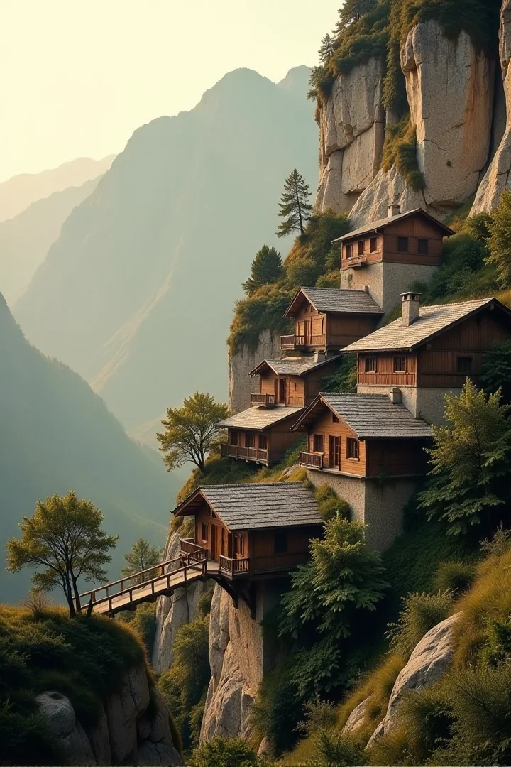 (((a village built into the side of a mountain, with wooden bridges connecting various parts of the town.))), Soft Beige, Cozy Comfort: warm lighting, beige tones, soft focus, cozy ambiance, comforting elements, gentle textures, tranquil look, cozy atmosphere, comforting aesthetics, capturing emotions, serene scenes, artistic feel, storytelling through textures, professional technique, gentle light manipulation, cozy concept, comforting styling, tranquil environment, surreal aesthetics, captivating narratives, intricate details, cozy landscape, editorial storytelling, warm glows, evoking comfort, pushing creative vision <lora:add-detail-xl:2> <lora:Cosine_freck:1>âââ