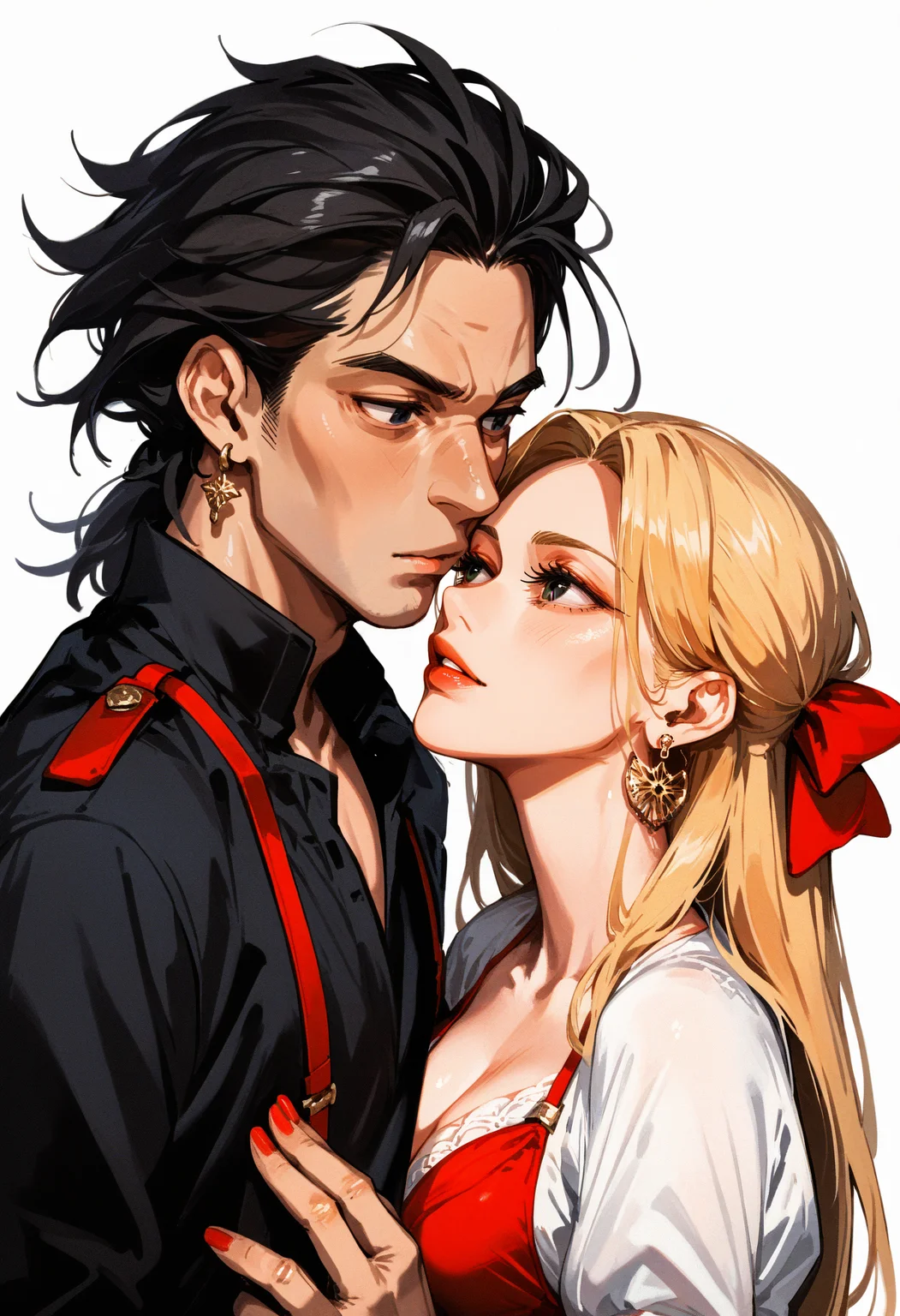score_9, score_8_up, score_7_up score_9, score_8_up, score_7_up, score_6_up, score_5_up, score_4_up,
<lora:GrungeV12:0.9> grung3,
, 1girl, long hair, blonde hair, black hair, 1boy, bow, jewelry, upper body, hetero, hair bow, earrings, parted lips, looking at another, black eyes, red bow, couple, eye contact