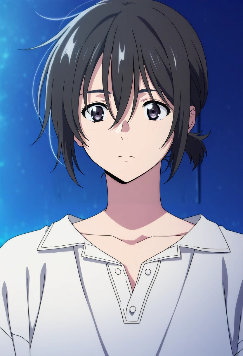 masterpiece, best quality, intricate details, anime screencap, anime coloring, official style,, 1boy, solo, male focus, <lora:mio_chibana_ilxl:0.9>, mio_chibana, black hair, black eyes, short hair, hair between eyes, short ponytail,