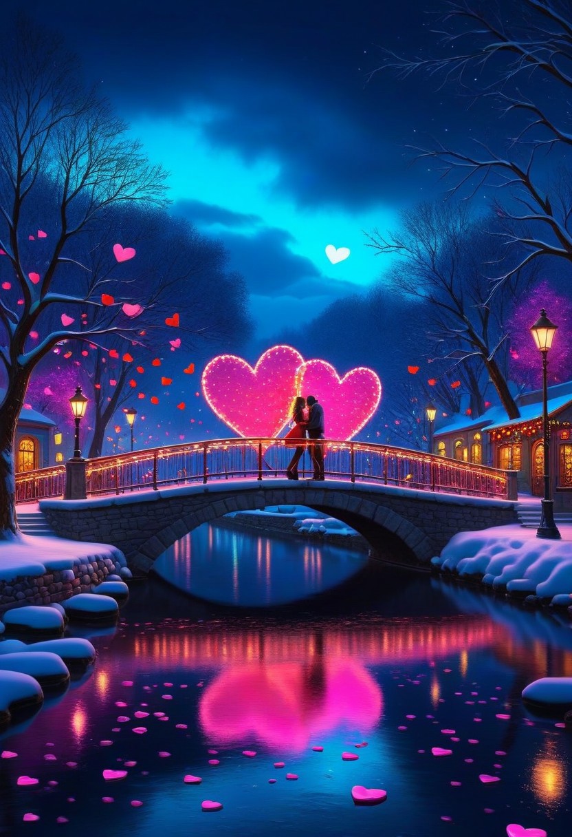 Valentine's Day theme, whimsical, affectionate couple at a town bridge, romantic, lots of hearts, winter, natural lights, intricate and detailed, cozy and warm, (neon electric digital painting), enhanced textures, creative, beautiful, vibrant, masterpiece, 8k, ultra HD, ultra-detailed, amazing quality, amazing artist, sharp edges, detailed textures, full view, atmospheric lighting, amazing visuals