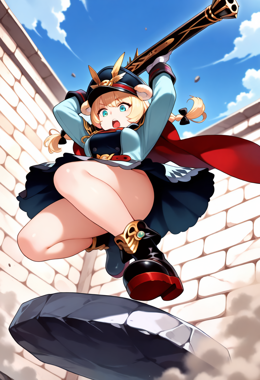 masterpiece, best quality, KRRodina, 1girl, weapon, blonde hair, solo, holding weapon, gun, gloves, braid, holding gun, white gloves, aiming, boots, holding, black footwear, hair bow, hair bow, military hat, cape, military uniform,twin braids, long sleeves, peaked cap, skirt, long hair, bear ears hat,holding weapon,arms up,open mouth,floating skirt,floating,looking down,from below,falling down, sky,(jumping off stone wall:1.2), (mid-air pose:1.1), (dust and debris:0.9), (motion blur:0.9), (action scene:1.0)
