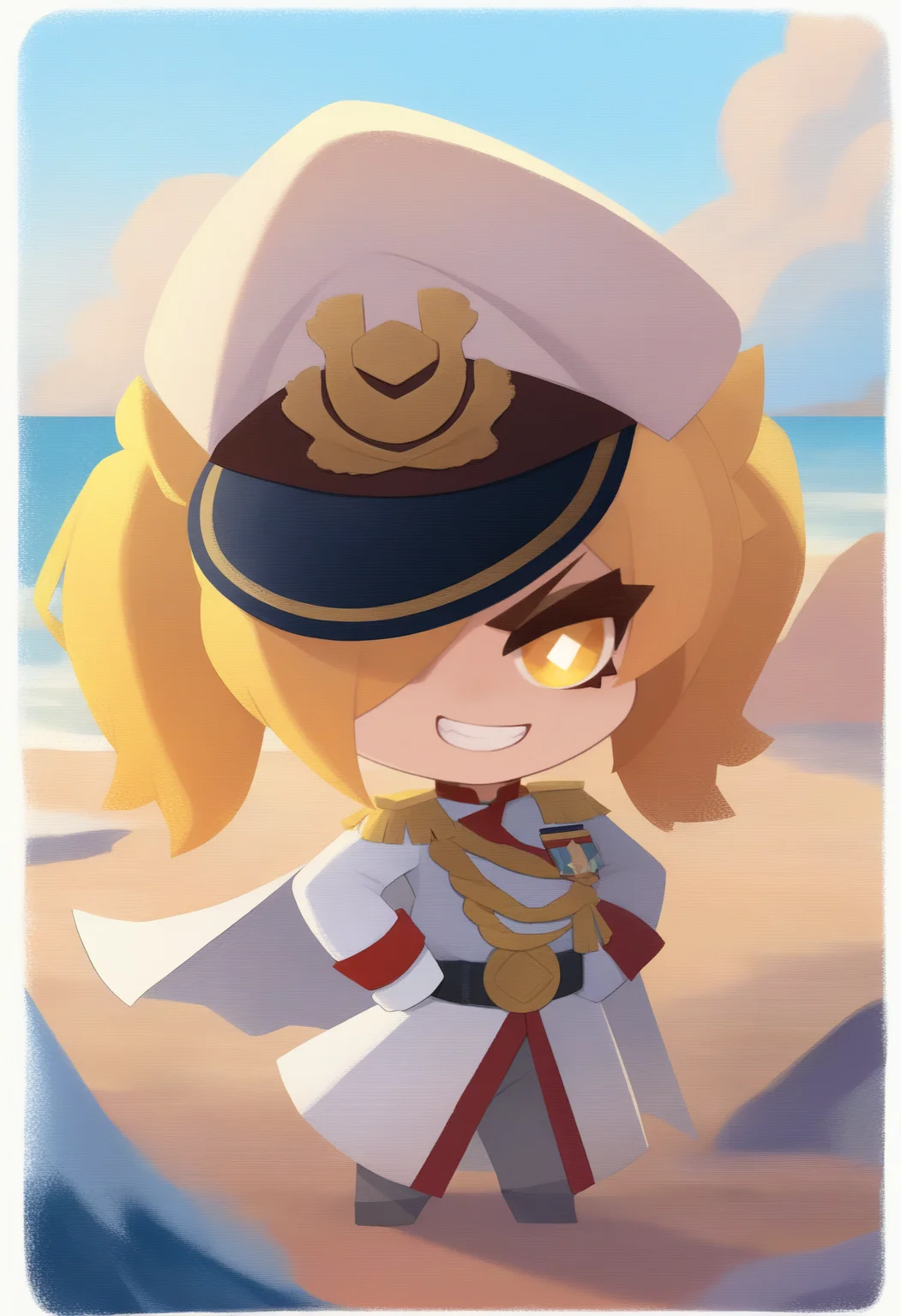 onmyojistyle, chibi, masterpiece, best quality, <break> white border, solo, 1girl, grin, looking at viewer, standing, hands on own hips, long hair, blonde hair, twintails, peaked cap, hat over one eye, diamond-shaped pupils, v-shaped eyebrows, military uniform, white cape, white coat, aiguillette, epaulettes, medal, long sleeves, white gloves, white pants, black belt, outdoors, day, shore, waves
<segment:yolo-Anzhc Face seg 640 v2 y8n.pt,0.4,0.5//cid=1>
