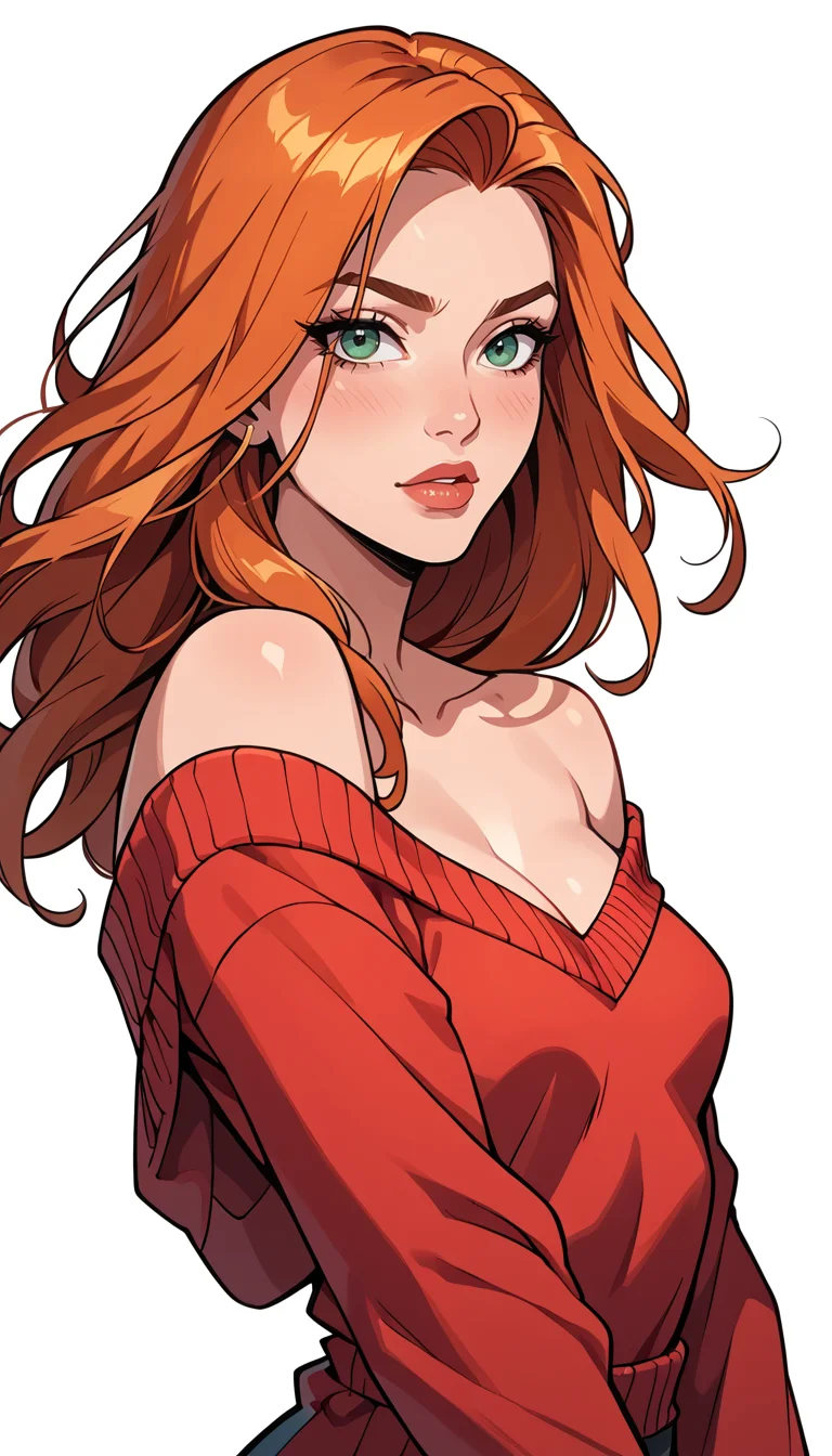score_9, score_8_up, score_7_up, (Western Comics), girl, red sweater falling off her shoulder, cleavage, extremely sexy, long ginger hair, floating hair, luscious lips, (small breasts, big hips, looking at the viewer), (simple background, white background), (Portrait photo), (depth of field), (dynamic angle), (ultra detailed, high quality texture), (sharp), (artistic image)