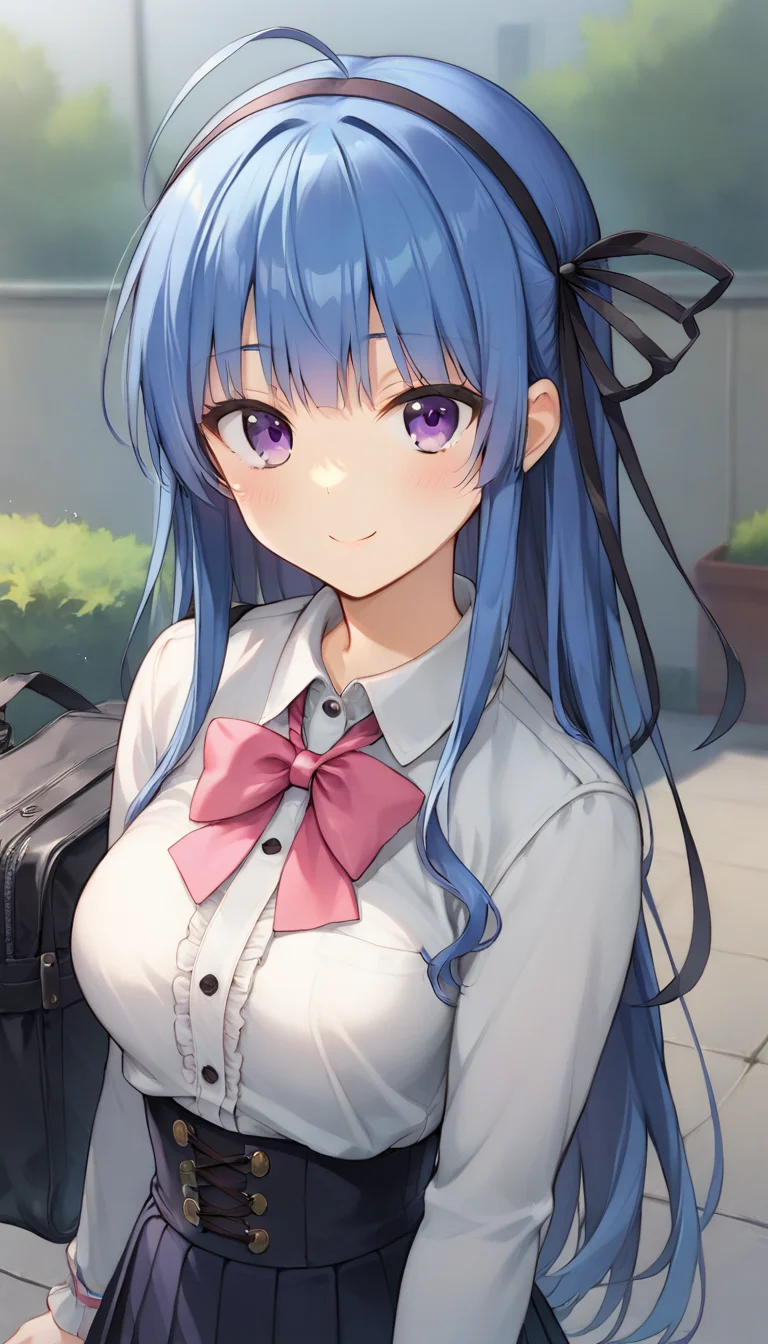 score_9,score_8_up,score_7_up,score_6_up BREAK official art,solo,outdoors,upper body,(portrait:1.5),looking at viewer,facing viewer,smile,blush,Karen Hikosaki,ahoge,very long hair,blue hair,hair ribbon,black ribbon,sidelocks,bangs,purple eyes,collared shirt,white shirt,pink bow,long sleeves,medium breasts,black skirt,pleated skirt,frilled skirt,black pantyhose,black footwear,cross-laced footwear,<lora:Karen Hikosaki(pa)-Pony:1.2>,
