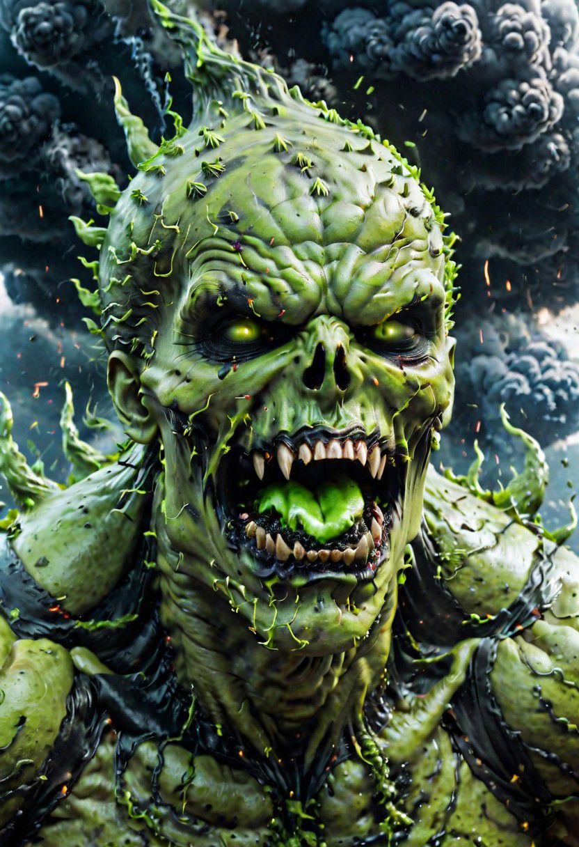 According to the rules, in such cases, it was supposed to become a black impenetrable cloud, fill the entire space with itself, catch up with green DEVIL SPAWN horror and look at him with an ominous luminous look from nowhere and from everywhere, which Bomchi immediately did.  Feeling of fear, feeling of horror,rich colors, ultra clear image, more realistic, high resolution photos, 8K HD wallpapershigh quality, intricate details,  ultra detailed, ,depth of field, 8k resolution trending on Artstation Unreal Engine 5, Epic,detailed background, <lora:xl_more_art-full_v1:1.2>  <lora:JuggerCineXL2:0.8> , Cinematic,  <lora:EnvyActionShotXL01:0.8> action shot