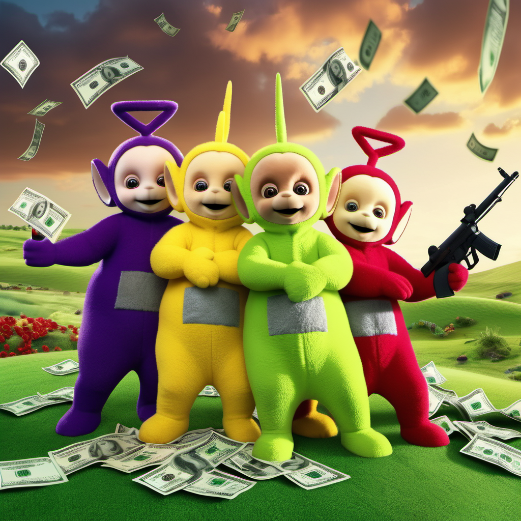 cinematic photo teletubbies with machineguns, city, money bills falls from the sky  <lora:Teletubbies1024:0.5> . 35mm photograph, film, bokeh, professional, 4k, highly detailed