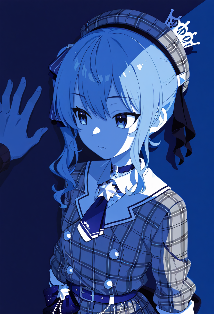 1girl, solo focus, hoshimachi_suisei_\(1st_costume\), looking away, (anime coloring, crisp edges:1.2), intense shadows, monochrome, lineart, limited palette, simple background, vivid colors, bright colors, blue theme, masterpiece, very aesthetic, absurdres, flat color, no lineart, povkabedon,<segment:yolo-AnzhcFace-seg_640_v3_y11n.pt-1,0.3,0.15//cid=11>