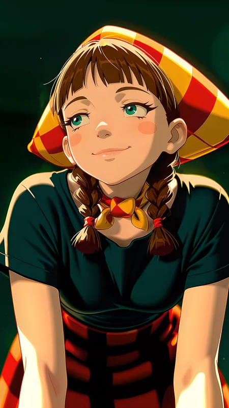 cinematic film still concept art anime artwork masterpiece, best quality, amazing quality, intricate detail, highly detailed, absurdres,
 <lora:lubava-20:1> lubava, 1girl, braid, brown hair, solo,  blush stickers, twin braids, mature, sexy, breast,
slim, pierced navel, pale skin makeup, black t-shirt, cropped t-shirt, tartan red skirt, red-black background, illustration, sexy look, smiling, bent over, closed mouth, hat,
bubble butt <lora:illustrious_noobai_epsilon_pred_1_best_quality_v1:1> masterpiece, best quality, very aesthetic, absurdres <lora:noobai_vpred_1_masterpieces_v23:1> masterpiece, best quality, very aesthetic . anime style, vibrant, studio anime, highly detailed . digital artwork, illustrative, painterly, matte painting, highly detailed . shallow depth of field, vignette, highly detailed, high budget Hollywood movie, bokeh, cinemascope, moody, epic, gorgeous, film grain, grainy