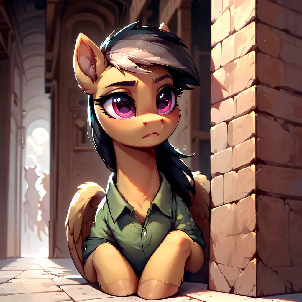 masterpiece, score_9, score_8_up, score_7_up, (best quality:1.1), ultra-detailed, high resolution, 1 girl, solo, pony, highly detailed macro illustration, Daring Do, pegasus pony, pony, Daring Do, feral, female, mare, cute, long eyelashes, (((beautiful detailed eyes))), Long eyelashes, fluffy, ear fluff, long eyelashes, (cornering), taking cover, spying, ancient stone wall, Highly Visible, (((8k))), sharp focus, perfect lighting, anatomically correct, extremely detailed, shine on body, (ancient tomb), high detail, cute face, Expressiveh, detailed background, OverallDetail, zPDXL2, <lora:Corneringv1:0.8>