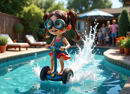 3D animated Pixar-style scene of a backyard swimming pool chaos. A spunky little girl with messy pigtails and a polka-dot dress riding a segway unbelievably fast over the surface of a small pool, a trail of water flung into the air behind her as onlookers behind her cheer in the background. She wears oversized steampunk goggles over her eyes and has a expression of glee.