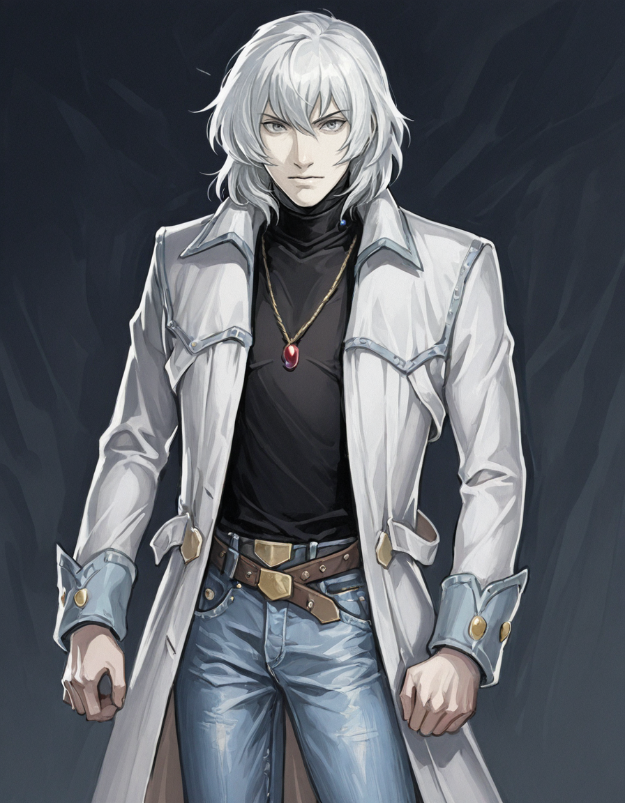 solo, 1boy, male focus, jewelry, belt, coat, denim, pants, jeans, necklace, turtleneck, white hair, grey eyes, pendant, soma cruz <lora:Soma_Cruz_Castlevania_Aria_of_SorrowIllustrious:1>  <lora:Dark_Fantasy_1.5_IL:0.8> DFAV1.5