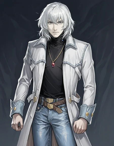 solo, 1boy, male focus, jewelry, belt, coat, denim, pants, jeans, necklace, turtleneck, white hair, grey eyes, pendant, soma cruz <lora:Soma_Cruz_Castlevania_Aria_of_SorrowIllustrious:1> <lora:Dark_Fantasy_1.5_IL:0.8> DFAV1.5