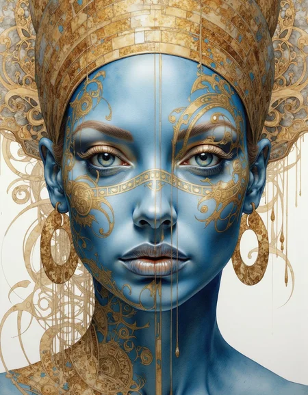 Portrait by Dorota Pietrowiak. This is a highly detailed, surrealistic watercolor painting of a woman with azure blue skin, her face decorated with gold tribal patterns that swirl and curve around her eyes, cheeks, and neck. The golden motifs are complex, with lines, dots, and spirals that add texture and depth to her visage. Her lips are painted with a deep metallic color that harmonizes with the golden details on her skin. She wears a prominent headdress of gold, adorned with dangling ornaments that add movement and contrast to the stillness of her face. Large, elegant gold hoop earrings complement the tribal-inspired design, and her eyes are framed with dramatic golden eye shadow and long, defined lashes. The lighting is soft yet focused, highlighting the goldâs shimmer and the matte finish of her blue skin, lending a realistic touch to this ethereal composition. This photorealistic image fuses ancient cultural elements with a modern style, creating a mesmerizing effect.
 <lora:Dorota_Pietrowiak:0.85>