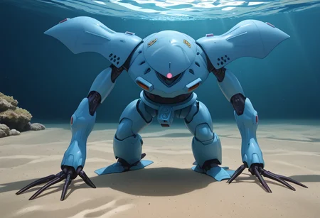 score_9, score_8_up, score_7_up, source_anime, front view, BREAK, ( hygogg, blue_hygogg_armor, pink monoeye, looking at viewer, leaning forward, long arms, very long arms, long claws) 1mech, blue mech, wide mech, large shoulders, large shoulder armor, mech focus, solo, BREAK, two arms, swimming, underwater, river, small fish,