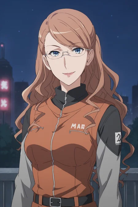 therestina kihara lifeline, brown hair, long hair, wavy hair, blue hair, glasses, thterestinamar, long sleeves, grey shirt, orange vest, black gloves, fingerless gloves, black belt, grey pants, <lora:Therestina_Kihara_Lifeline:0.8>, score_9, score_8_up, score_7_up, score_6_up, score_5_up, source_anime, rating_safe, medium breasts, outdoors, city, (night:1.4), 1girl, solo, looking at viewer, <lora:age_slider_v4:3>, smile, (dynamic pose:1.2), (upper body:1.2)