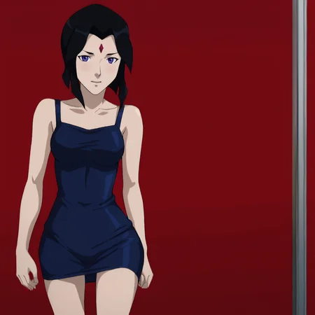 <lora:RavenDCMAU_pony_v1:.8>  RavenDCAMU, 1girl, solo, forehead jewel,  black hair, purple eyes, short hair, breasts, cowboy shot,  <lora:0878 Laser nightclub skirt_v1_pony:1> ruanyi0878,blue dress,short skirt, skirt,