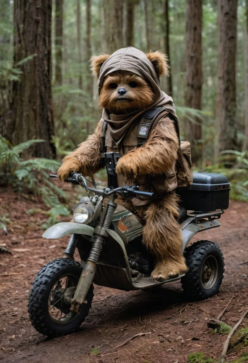 A full body photo of an Ewok on Endor, it's carrying an Uzi and riding an ATV,
It looks cute and adorable yet fierce at the same time, The Ewok equivalent of Rambo, funny,
highest quality, exceptional accuracy and realism,