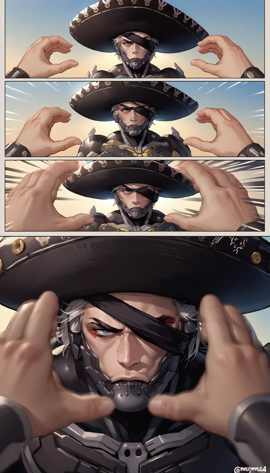 score_9, score_8_up, score_7_up, source_anime, incrssnootchallenge, comic, pov hands, motion lines, motion blur, <lora:SnootChallenge_XLPD:1>, 1boy, <lora:RaidenMGR_XLPD:1>, RaidenMGRSombrero, hat, cyborg, bodysuit, eyepatch, annoyed,