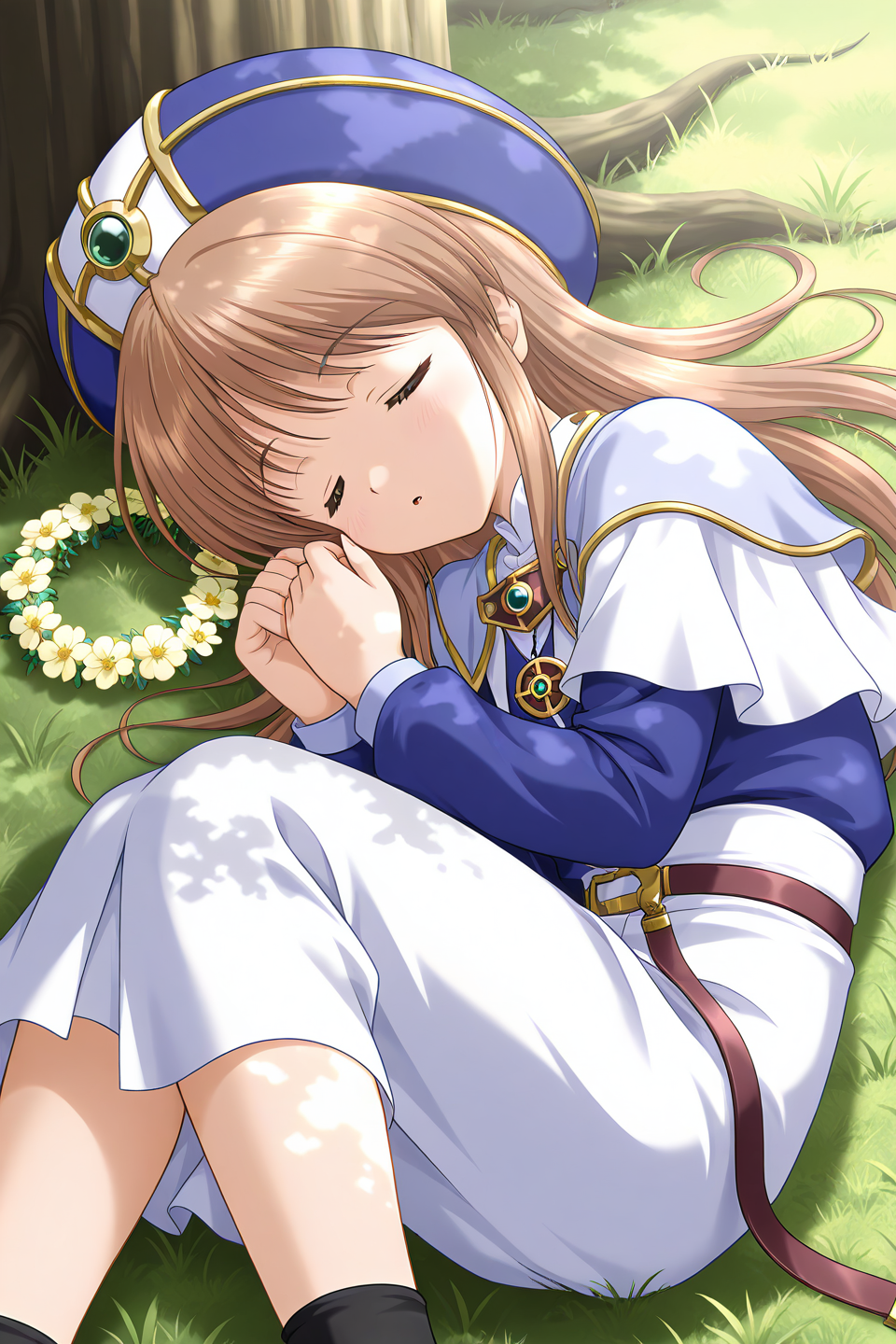 masterpiece, best quality, absurdres, official art, official style, rating general BREAK <lora:sylphycloud_IL_v1-1:0.7>, sylphy cloud, 1girl, solo, blue eyes, brown hair, long hair, bangs, flat chest, sleeping, closed eyes, hat, tree, dappled sunlight, grass, lying, on side, head wreath, tree shade, under tree, blush, head out of frame, flower, sunlight, outdoors, long sleeves, shade, green theme, open mouth, nature, kneehighs, day, flower wreath, against tree, black socks, belt, from above, shadow, :o, glowing, sitting, light, fetal position, parted lips, leaf, wreath, blue headwear, white capelet, long skirt, blue dress, white skirt, priest, turtleneck, robe, messy hair, light purple capelet, layered capelet