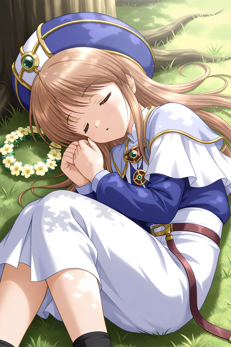 masterpiece, best quality, absurdres, official art, official style, rating general BREAK <lora:sylphycloud_IL_v1-1:0.7>, sylphy cloud, 1girl, solo, blue eyes, brown hair, long hair, bangs, flat chest, sleeping, closed eyes, hat, tree, dappled sunlight, grass, lying, on side, head wreath, tree shade, under tree, blush, head out of frame, flower, sunlight, outdoors, long sleeves, shade, green theme, open mouth, nature, kneehighs, day, flower wreath, against tree, black socks, belt, from above, shadow, :o, glowing, sitting, light, fetal position, parted lips, leaf, wreath, blue headwear, white capelet, long skirt, blue dress, white skirt, priest, turtleneck, robe, messy hair, light purple capelet, layered capelet