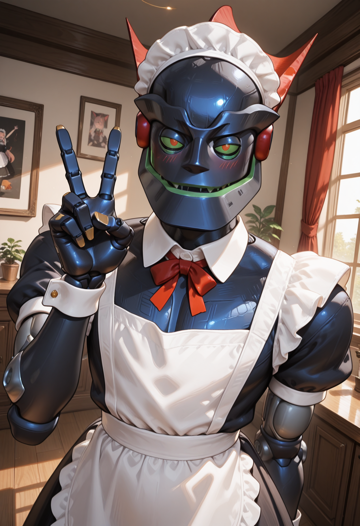 masterpiece, best quality, amazing quality, very aesthetic, m3g4byt3, 1boy, humanoid robot, masculine, upper body, blush, maid dress, maid headdress, solo, v, indoors