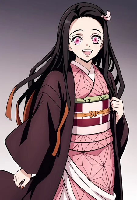 Kamado_Nezuko, pink kimono, red and with obi, happy, looking at the viewer