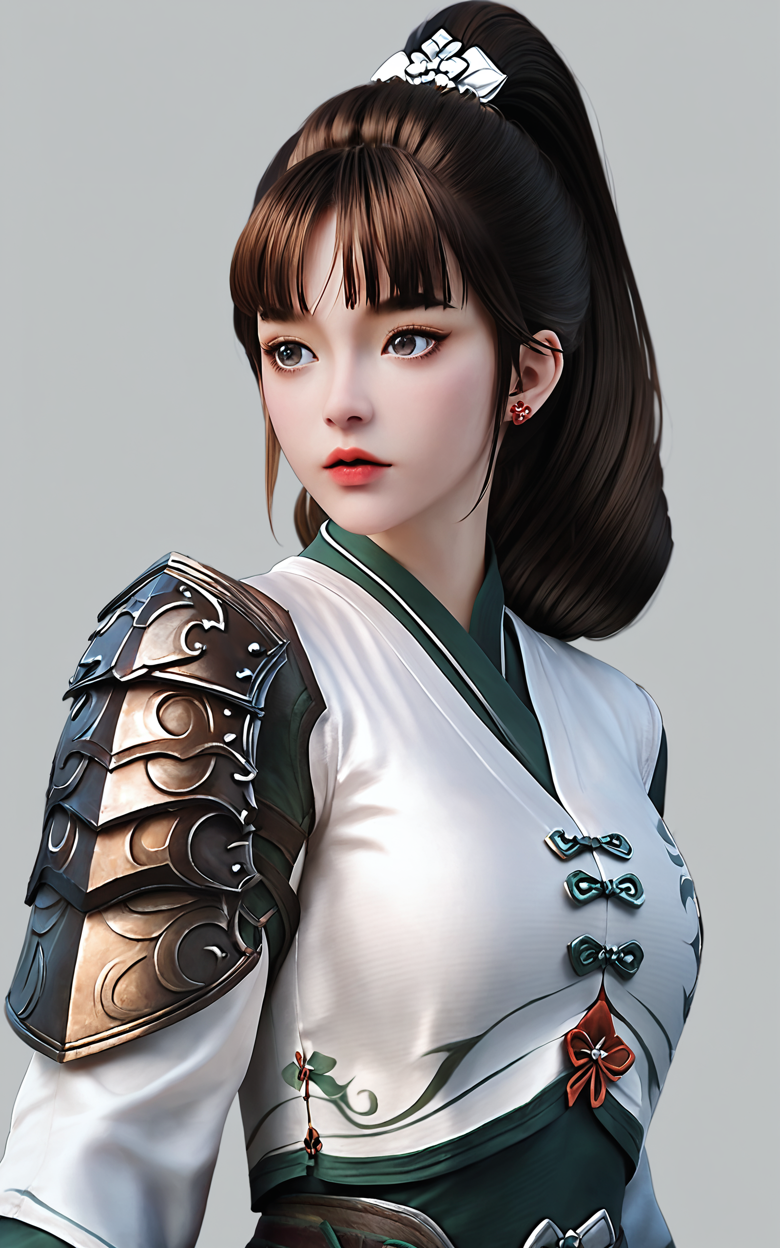 score_9,score_8_up,score_7_up,
<lora:ruanxiuPony-000001:1>,
ruanxiu,1girl,solo,ponytail,brown hair,simple background,realistic,long hair,hair ornament,high ponytail,lips,armor,chinese clothes,