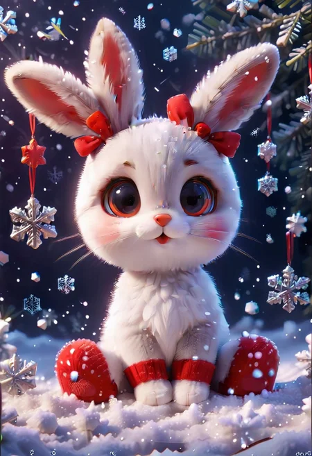 Festive, snowflake, little rabbit, long ears, red nose, close-up, snowflakes floating, Christmas stockings, solo, cute and cuddly