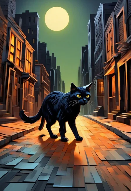 Masterpiece mix of paper quilling, layered paper and oil painting style. Highly detailed illustration of a black cat wandering in an empty dark alley in New-York  only lightened by a full moon, vibrant glow, Atey Ghailan Style, devoid of any human presence.