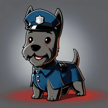 cartoon of Scottish Terrier dressed as Police Officer in (ctswx:1.2) style, cute, chibi, joyous expression, candid pose, glowing Ruby background, rim lighting, contrasting colors, <lora:Cute_Tshirt_Style_XL_v5.1-000017:1>