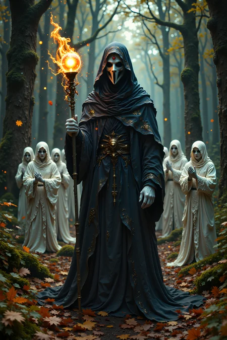 a surreal forest scene with a blend of realism and fantasy elements. The foreground features a tall, imposing figure dressed in a dark, hooded robe with intricate, ornate patterns. The figure's face is covered by a white mask with a prominent red dot, giving it an otherworldly appearance. The figure's hands are gloved in white, and they are holding a staff with a glowing orb at the top.In the background, several humanoid figures dressed in flowing, white robes with intricate lace patterns are standing in a line. These figures have similar masks, but their robes are more detailed, with lace sleeves and a high collar. They are positioned in a semi-circle, facing inward, with their hands raised as if in a ritualistic gesture.The forest is dense, with tall, dark trees and an undergrowth of green foliage. The ground is covered in fallen leaves of various shades of orange, yellow, and brown, indicating autumn. The lighting is soft, creating a warm, ethereal atmosphere., <lora:FluxMythR3alisticF><lora:PCB_Image_Enhancer_for_FLUX:0.35>