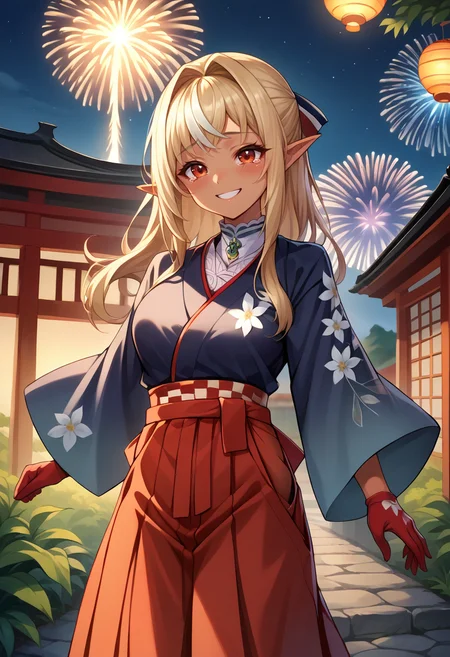 score_9, score_8_up, score_7_up, source_anime, 1girl, solo, FlareNewYear, dark skin, long hair, blue kimono, floral print, red hakama, hakama skirt, gradient skirt, white undershirt, green brooch, red gloves, outdoors, night, shrine, fireworks, smile, blush, tears of joy, <lora:ChjamShiranuiFlarePonyXL:1>