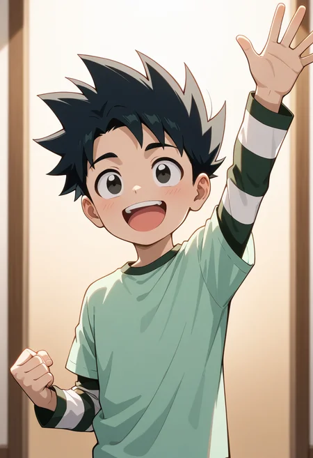 masterpiece,best quality,amazing quality,<lora:geo:1>,geo,1boy,male focus,solo,open mouth,clenched hand,shirt,teeth,arm up,smile,upper body,light,long sleeves,tongue,short sleeves,t-shirt,:d,green shirt,short over long sleeves,layered sleeves,waving,upper teeth only,outstretched arm,black hair,black eyes,