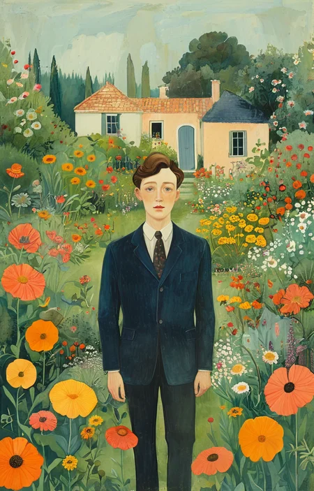 masterpiece,best quality,<lora:tbh143-sdxl:0.7>,portrait of man in garden,flowers,illustration,style of Alice Provensen