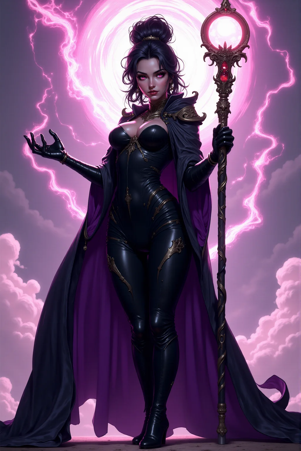<lora:FANCHA_v.4:0.5> Fancha style. This is a highly detailed, digital illustration featuring a striking, fantasy-themed female figure. The subject is a dark-haired woman with a striking, confident demeanor. She has an hourglass figure with slender yet feminine physique . Her skin is fair with a subtle glow, and her eyes are piercingly bright, almost glowing with an otherworldly intensity. She wears a form-fitting, high-necked, black leather bodysuit that accentuates her slender yet feminine figure, adorned with intricate silver accents. Her outfit is complemented by high, black leather gloves and boots, and a flowing, long, dark purple cape that billows behind her, adding to her regal presence. She wields a staff with a glowing, crystal orb at the top, emitting a soft, pulsating light. The staff features intricate, ornate designs and a large, glowing red gem at the top. Her dark hair is styled in a high, sleek bun with a few loose strands framing her face, which is adorned with dark, dramatic makeup, enhancing her mysterious aura. The background features swirling, mystical, pink and white light effects, creating a sense of magical energy.