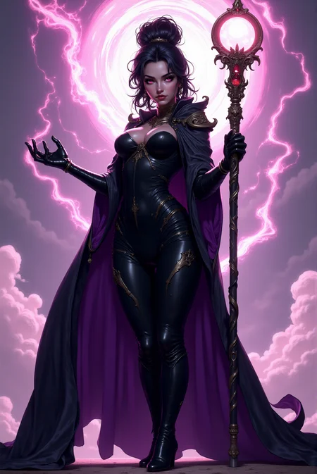 <lora:FANCHA_v.4:0.5> Fancha style. This is a highly detailed, digital illustration featuring a striking, fantasy-themed female figure. The subject is a dark-haired woman with a striking, confident demeanor. She has an hourglass figure with slender yet feminine physique . Her skin is fair with a subtle glow, and her eyes are piercingly bright, almost glowing with an otherworldly intensity. She wears a form-fitting, high-necked, black leather bodysuit that accentuates her slender yet feminine figure, adorned with intricate silver accents. Her outfit is complemented by high, black leather gloves and boots, and a flowing, long, dark purple cape that billows behind her, adding to her regal presence. She wields a staff with a glowing, crystal orb at the top, emitting a soft, pulsating light. The staff features intricate, ornate designs and a large, glowing red gem at the top. Her dark hair is styled in a high, sleek bun with a few loose strands framing her face, which is adorned with dark, dramatic makeup, enhancing her mysterious aura. The background features swirling, mystical, pink and white light effects, creating a sense of magical energy.