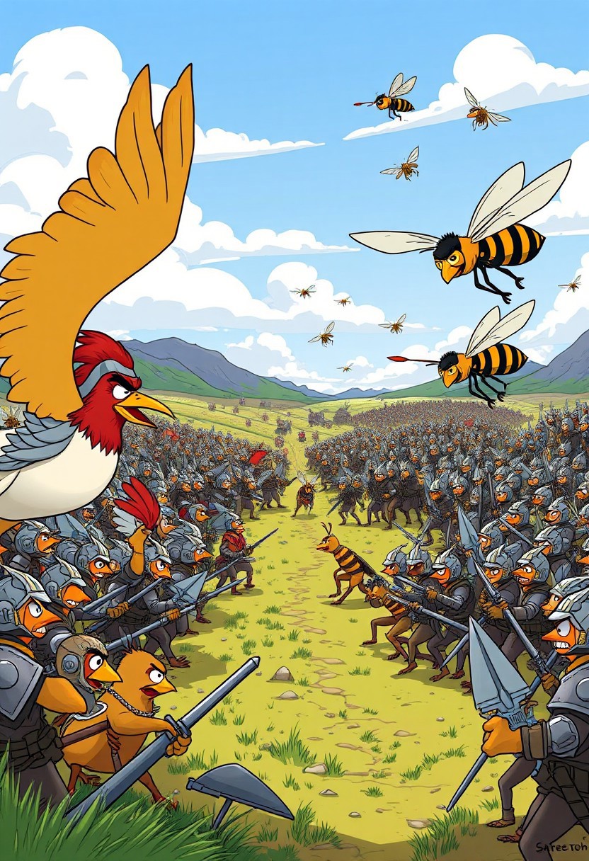 Landscape view of a battlefield, cartoon, about to face off, birds wearing armour on left side, Bees and wasps wearing armour on right side, flying, carrying weapons, ((massive armies)), anthropomorphic facial expression, angry expression, picture induces humour