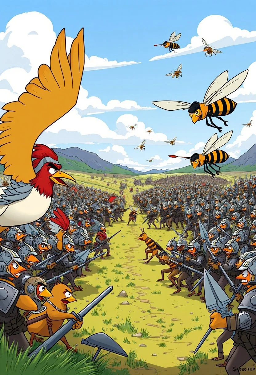 Landscape view of a battlefield, cartoon, about to face off, birds wearing armour on left side, Bees and wasps wearing armour on right side, flying, carrying weapons, ((massive armies)), anthropomorphic facial expression, angry expression, picture induces humour