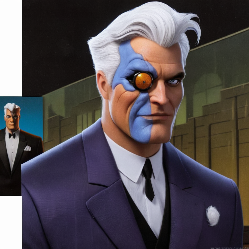 Hyperrealistic art of  <lora:Batman The Animated Series Style:1.2>
Harvey Dent Two-Face In Gotham City a cartoon man with a white hair and a black tie Batman The Animated Series Style, Extremely high-resolution details, photographic, realism pushed to extreme, fine texture, incredibly lifelike
