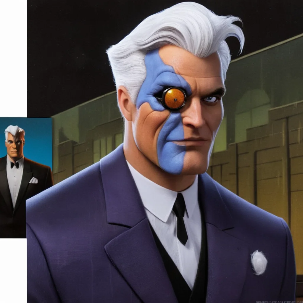 Hyperrealistic art of  <lora:Batman The Animated Series Style:1.2>
Harvey Dent Two-Face In Gotham City a cartoon man with a white hair and a black tie Batman The Animated Series Style, Extremely high-resolution details, photographic, realism pushed to extreme, fine texture, incredibly lifelike