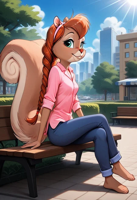 score_9, score_8_up, score_7_up
day time, natural light, detailed sun rays, summer, daytime, highly detailed background, city park, break
Semi-anthro, solo, alone, 1girl, squirrel, squirrel girl, squirrel ears, Tammy, long braided hair, small breasts, detailed squirrel legs, detailed barefoot, pink shirt, blue pants, highly detailed face, fluffy fur, BREAK
sittin on bench, crossed legs, smile, looking side, side view, close