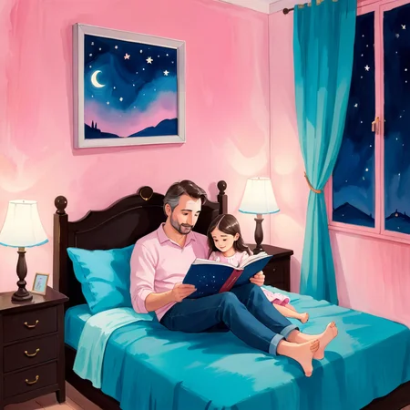 child's drawing illustration of A Father ((Andrea cannoli)) reading bedtime story to little daughter((elisa cannoli)) , night time, girly room, pink walls, pastel colors, simple hand-drawing, watercolor drawing