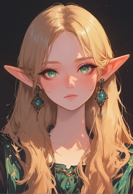 masterpiece, newest, absurdres, incredibly absurdres, best quality, amazing quality, very aesthetic, newest, 1girl, solo, long hair, looking at viewer, jewelry, earrings, pointy ears, eyelashes, portrait, elf, freckles, spotlight, fine art,painterly,chiaroscuro,straight on, dynamic angle,blurry foreground